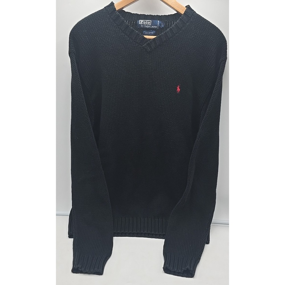 Polo Ralph Lauren Large 90's Preppy 100 % Cotton V-Neck Chunky Sweater - Picture 2 of 12